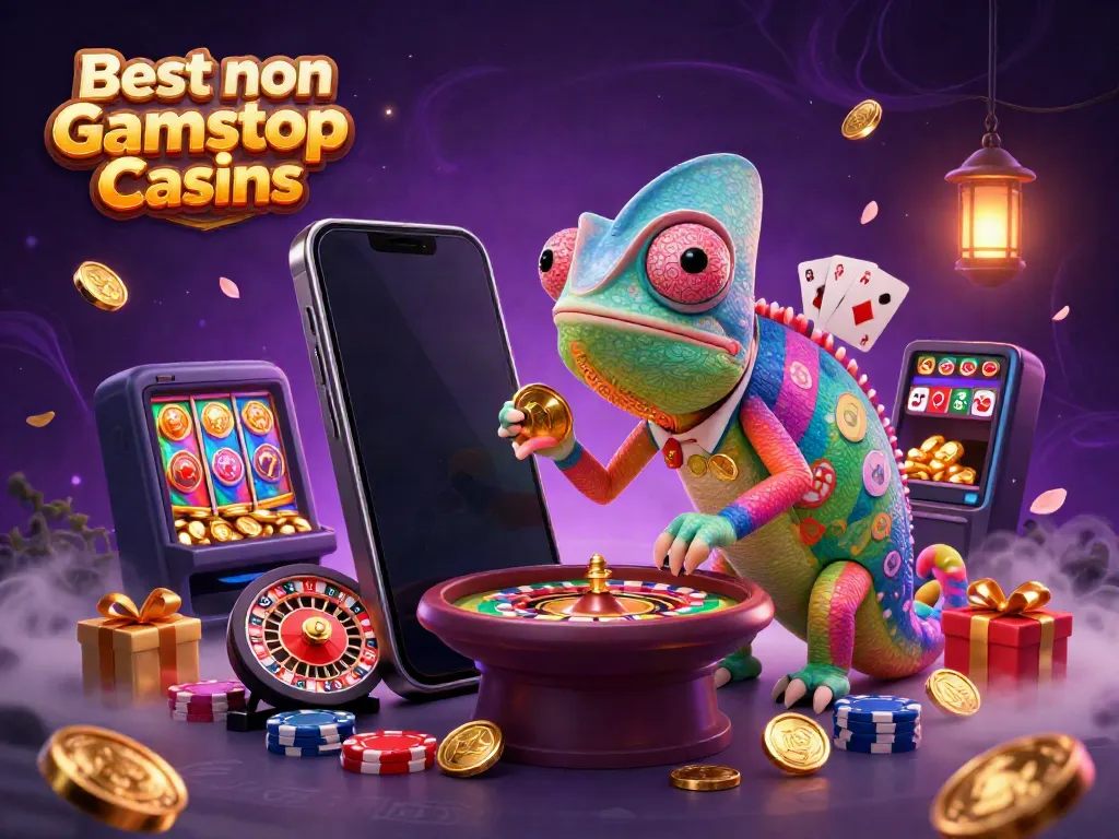Experience the thrill of the Best non Gamstop Casinos in a vibrant casino scene with a chameleon owner and dynamic gaming elements.