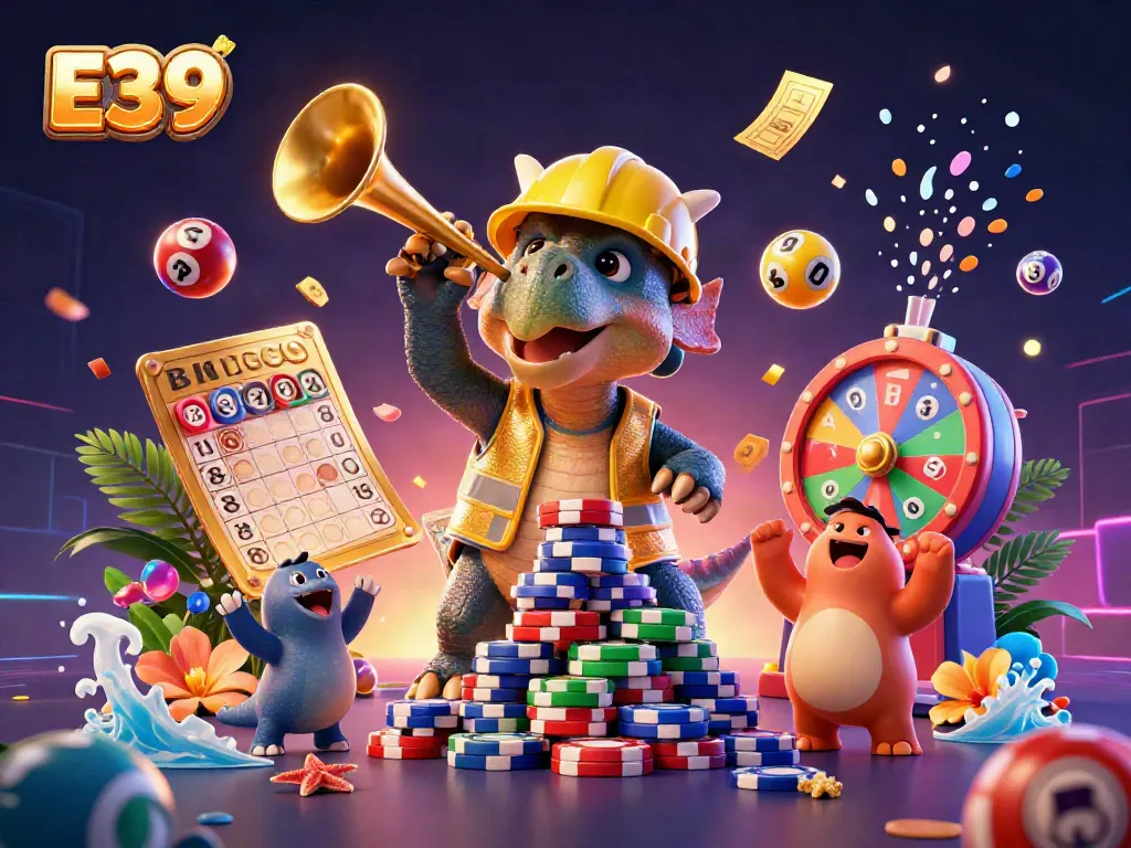 Experience thrilling gaming action with E39's vibrant 3D casino scene featuring fun characters celebrating wins amidst colorful elements.