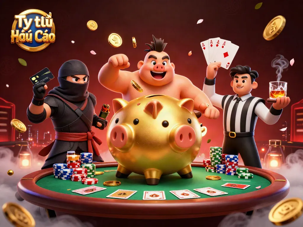 Engaging scene of Tỷ lệ Kèo Nhà Cái featuring dynamic characters and poker elements while showcasing exciting casino action.