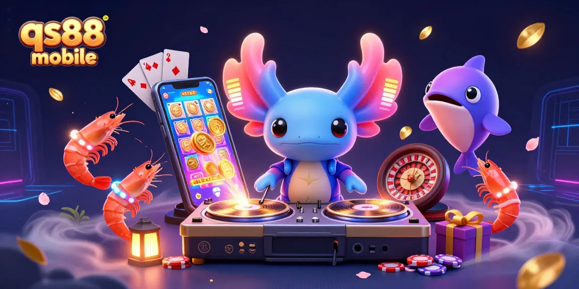 Experience the excitement of qs88 mobile with a vibrant 3D casino illustration featuring a DJ, shrimp dancers, and dynamic gaming elements.