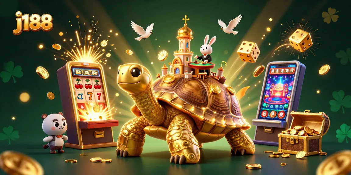Experience j188's vibrant casino adventure with a golden tortoise, rabbit dealer, and exciting game elements.
