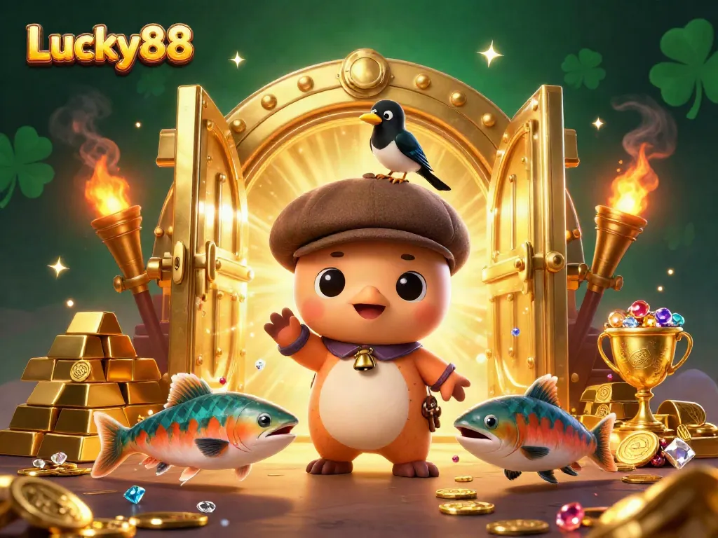 Experience the thrill of Lucky88 with captivating characters and dazzling treasures in an engaging 3D illustration.