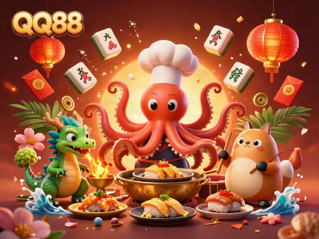 Experience QQ88's vibrant online casino atmosphere with animated characters and festive game element