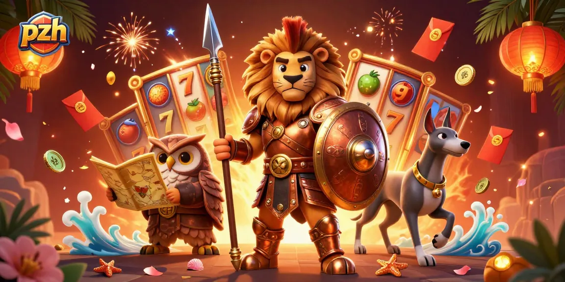 Engage with pzh's dynamic scene featuring a Spartan lion, owl strategist, and greyhound in a vibrant casino atmosphere.