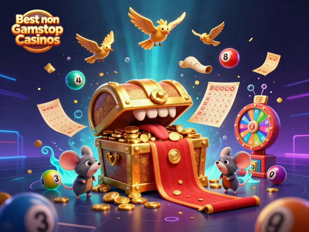 Engaging scene showcasing the Best non Gamstop Casinos with animated golden treasure chest and lottery elements, capturing player excitement.