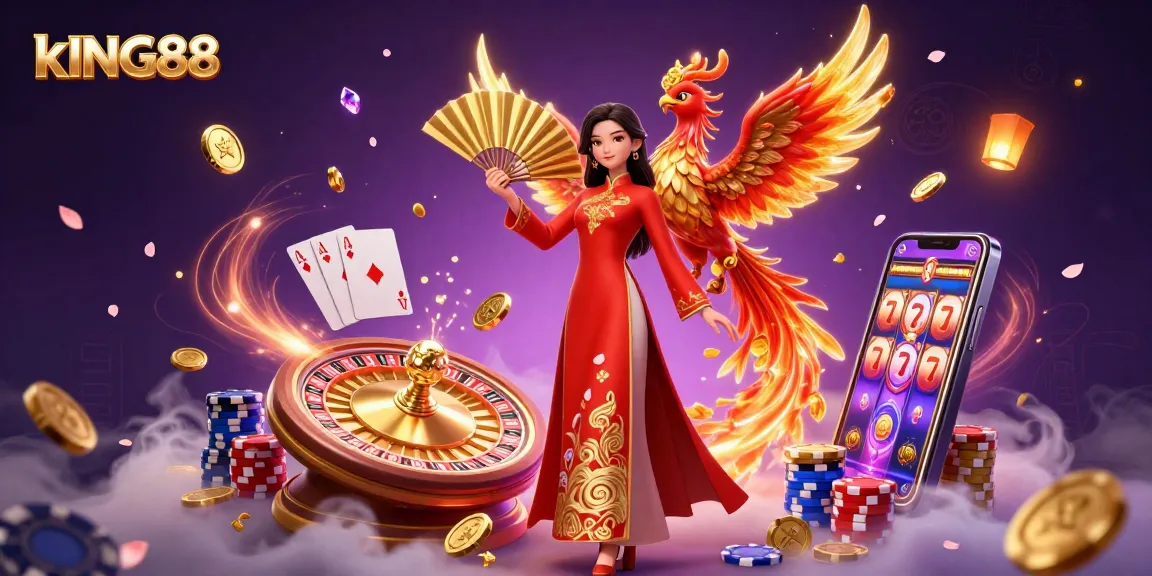 Experience endless wins at kING88 in this vibrant casino illustration featuring traditional elements and game icons.