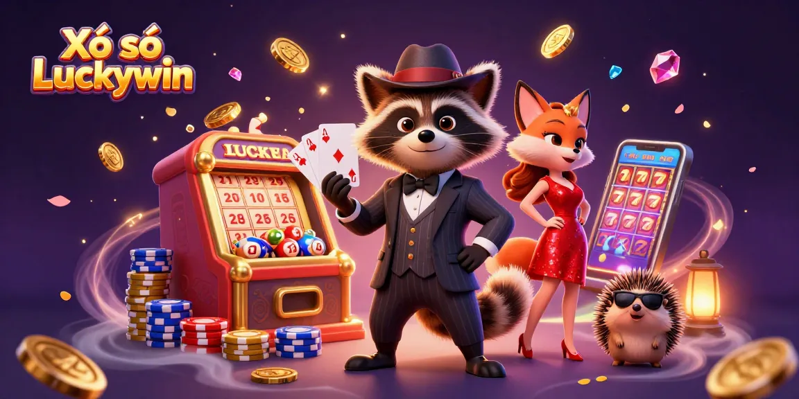 Xổ số Luckywin lottery scene with raccoon holding royal flush, fox in sequins, and hedgehog bouncer.