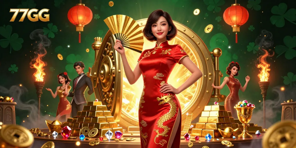 Enjoy immersive gaming experiences with 77GG at the vibrant Asian-themed casino illustration.