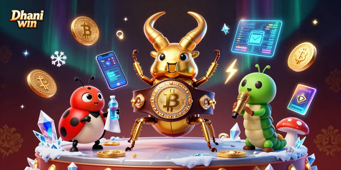 Dhani win players enjoy vibrant casino atmosphere with golden characters and crypto elements.