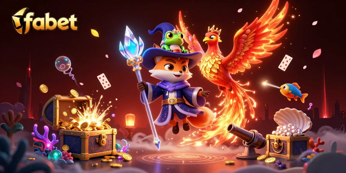 Engage with fabet's captivating 3D casino scene featuring a wizard, phoenix, and enchanted frog.