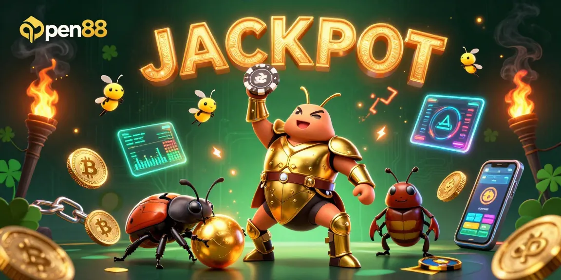 Experience the excitement of open88 with a golden beetle triumphantly lifting a poker chip, surrounded by vibrant casino elements.