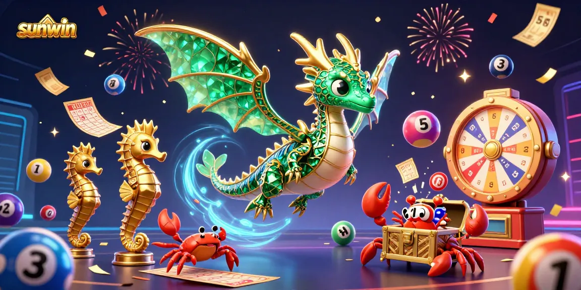 Experience thrilling gameplay at Sunwin with a vibrant casino illustration featuring a sea dragon and arcade elements.