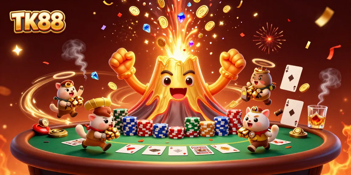 Engage with TK88's thrilling casino experience as a golden volcano erupts treasures amidst poker action.