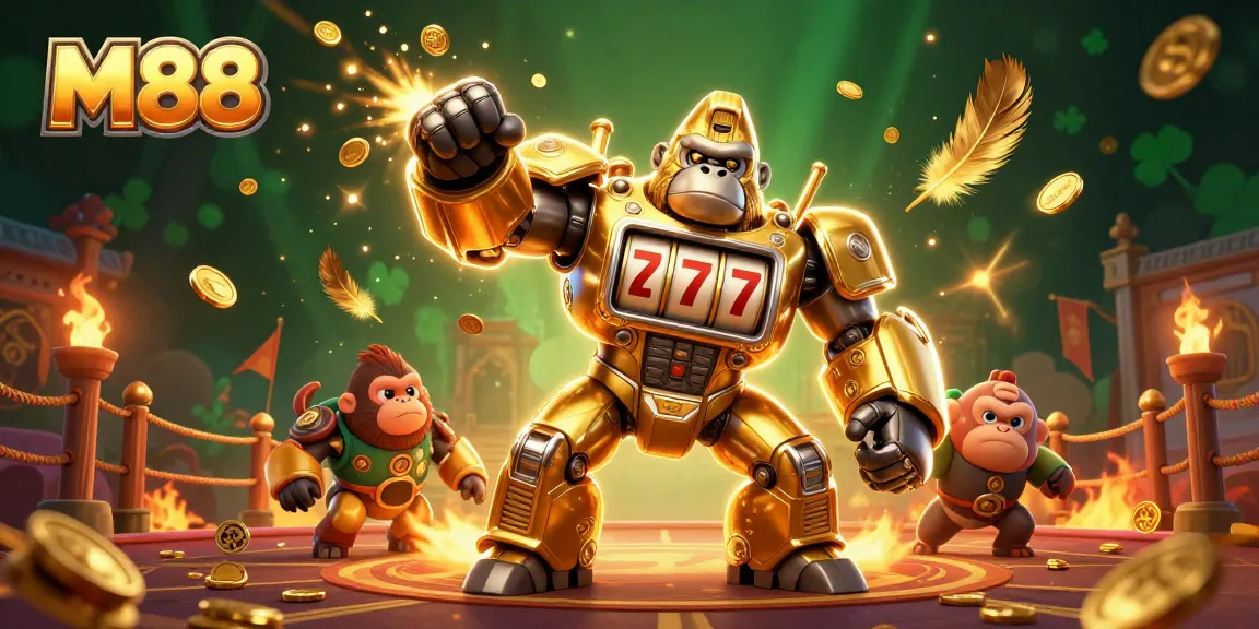 M88 offers an exciting gaming scene featuring a golden gorilla mech and vibrant casino elements.