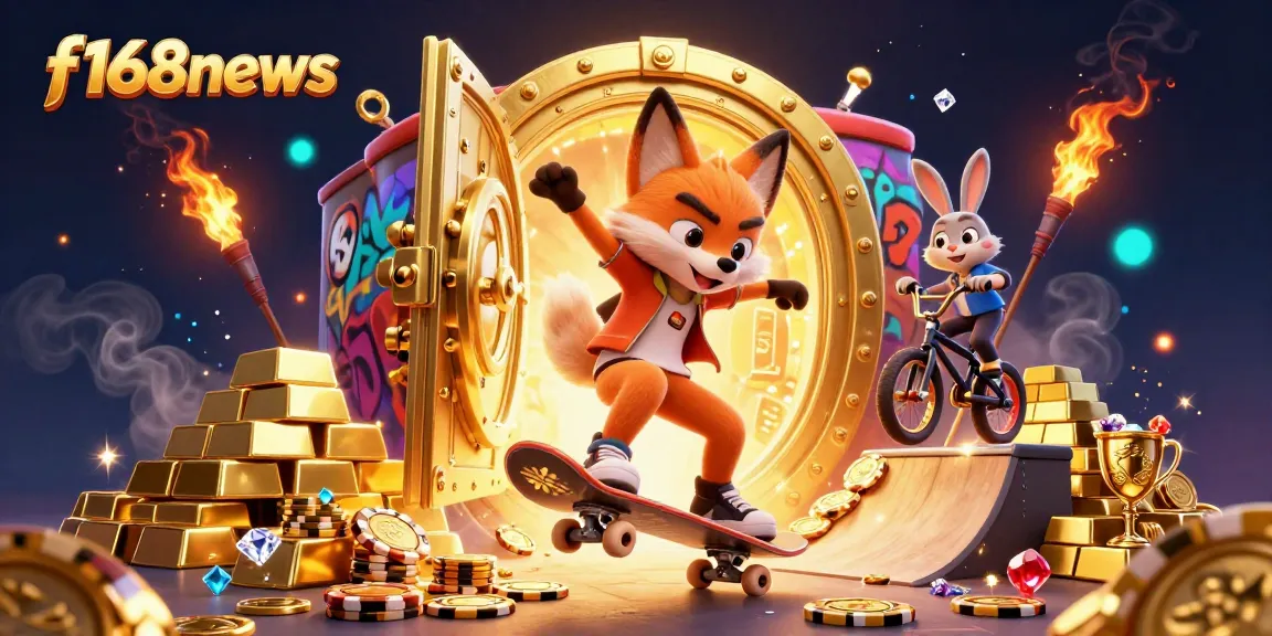 Experience the thrill of f168news with a vibrant illustration of dynamic casino characters and treasures.