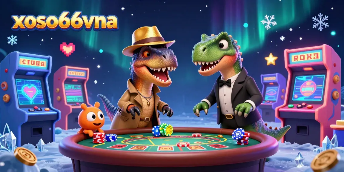 Engage with xoso66vna at a dynamic blackjack table featuring a velociraptor and dinosaur characters amidst arcade machines.
