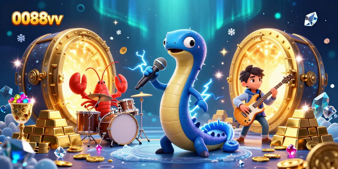 Watch the vibrant 0088vv underwater casino scene with electric eel DJ, lobster drummer, and seahorse guitarist.