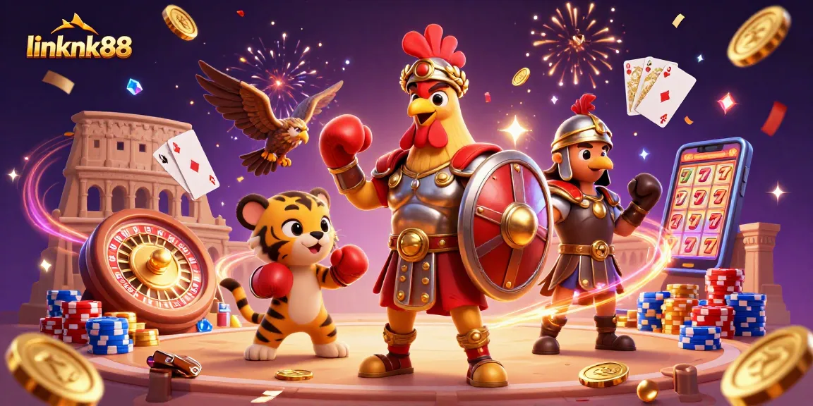 Experience thrilling action at linknk88 with our dynamic casino scene featuring a gladiator rooster and gaming elements.