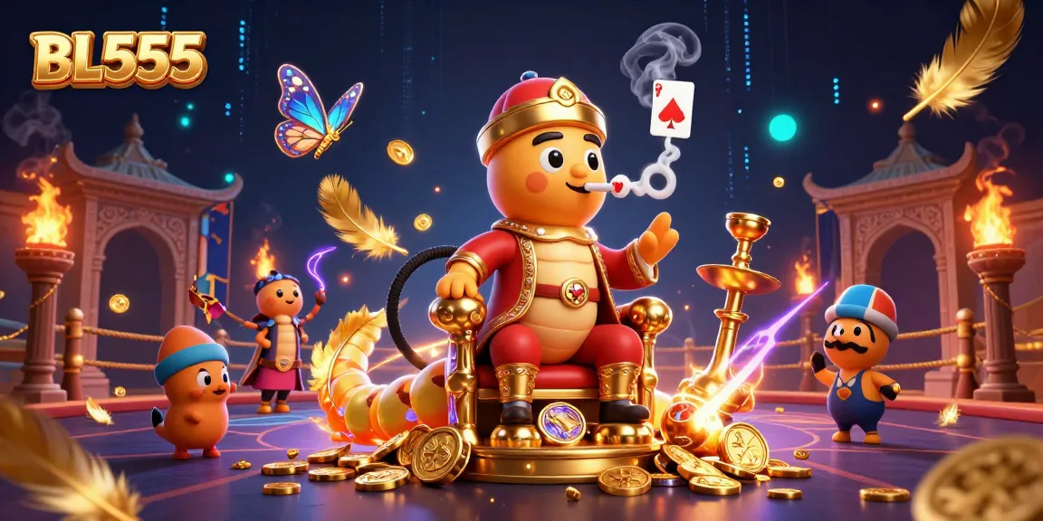 Engage with BL555's captivating casino features, showcased by a magical caterpillar and gold coins.