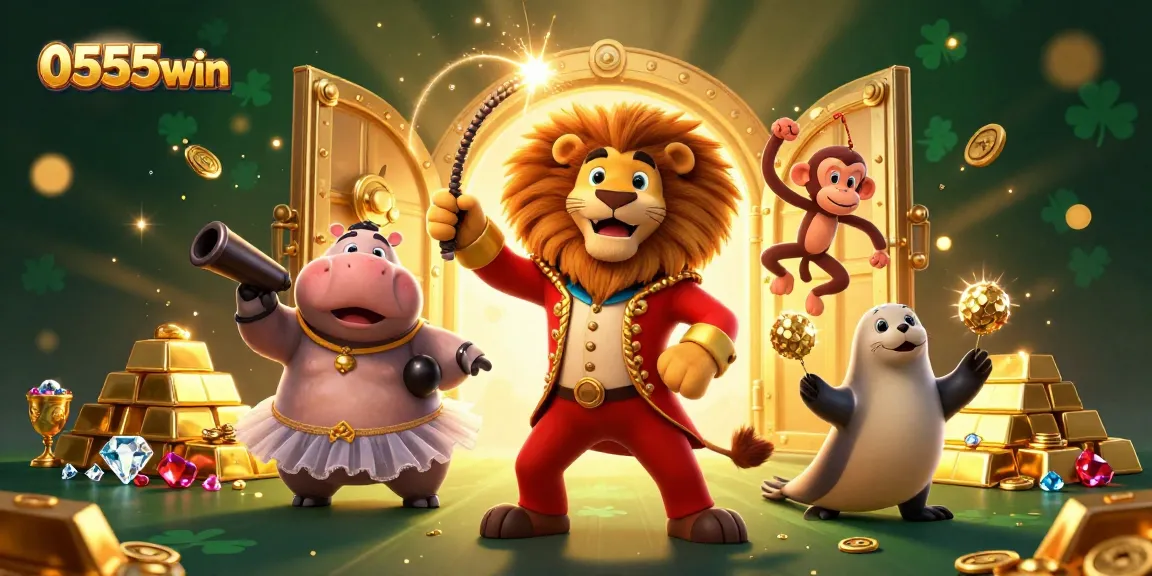Join the excitement with 0555win as playful circus animals celebrate winning in a lavish casino.