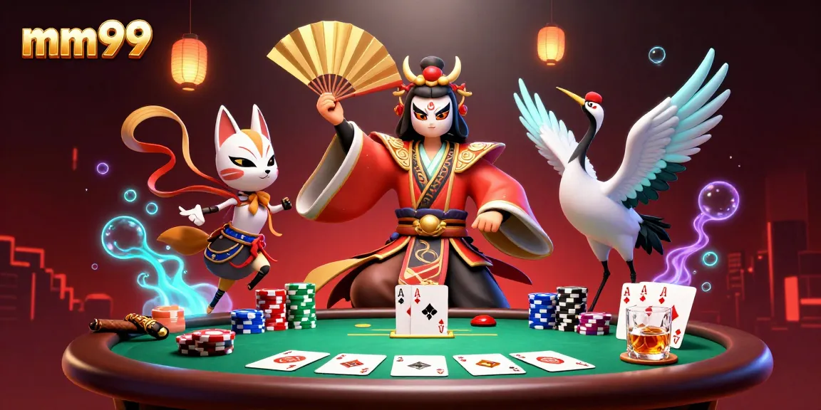 Experience thrilling gameplay at mm99 with a vibrant 3D illustration featuring dynamic characters and casino elements.