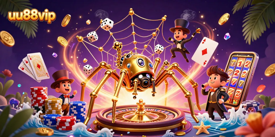 Catch the excitement at uu88vip with a captivating steampunk scene of a golden spider catching dice and poker chips.