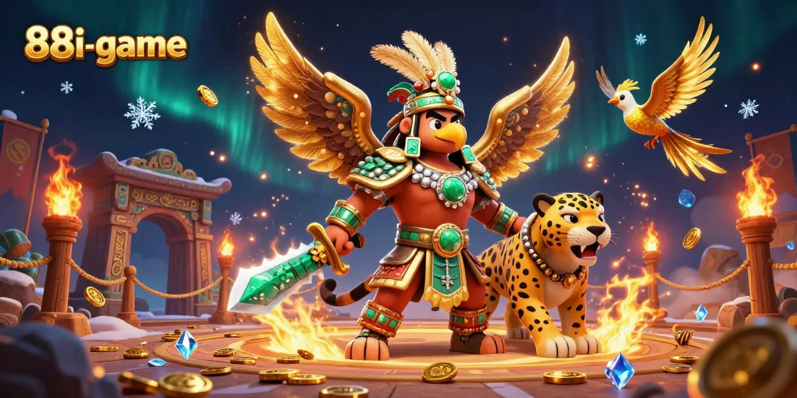 Experience the thrill at 88i-game with Aztec warriors and vibrant casino elements.