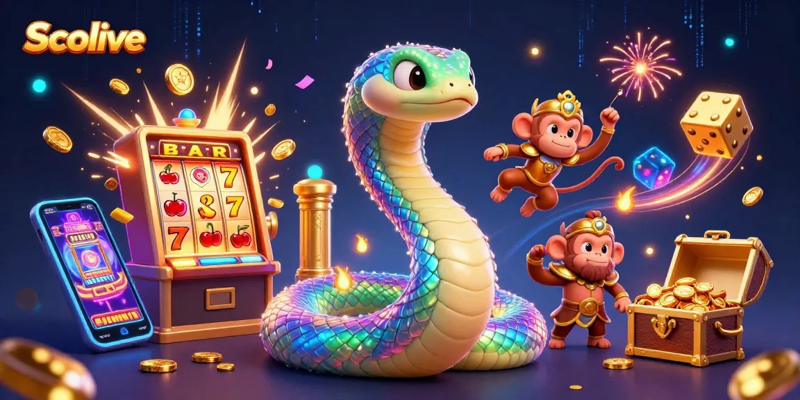 Socolive presents a vibrant 3D illustration of a rainbow serpent and monkey king amidst dynamic slot machine elements and golden treasures.
