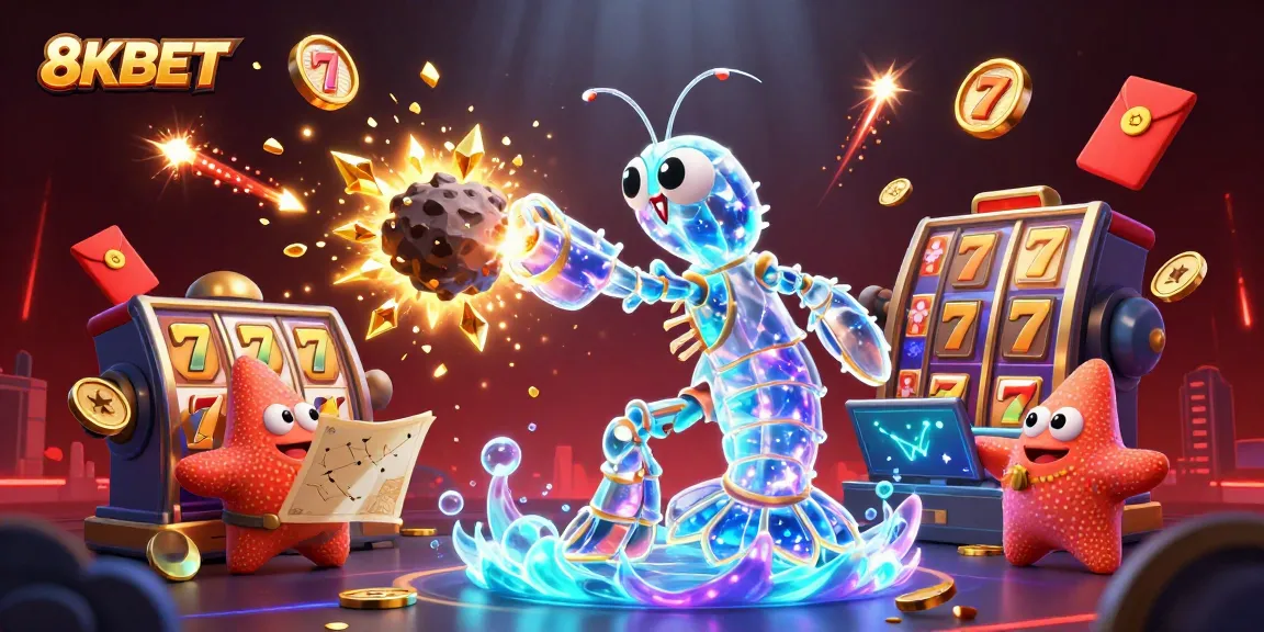 Engage in thrilling 8KBET gameplay with glimmering jackpots, floating slot reels, and dynamic game elements.