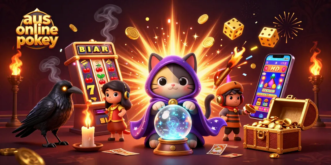 Play exciting aus online pokies with a mystic cat, a tarot raven, and vibrant casino elements.