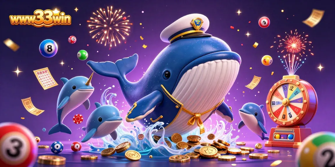 Engage in thrilling lottery games at www33win, featuring a whale and vibrant casino elements.