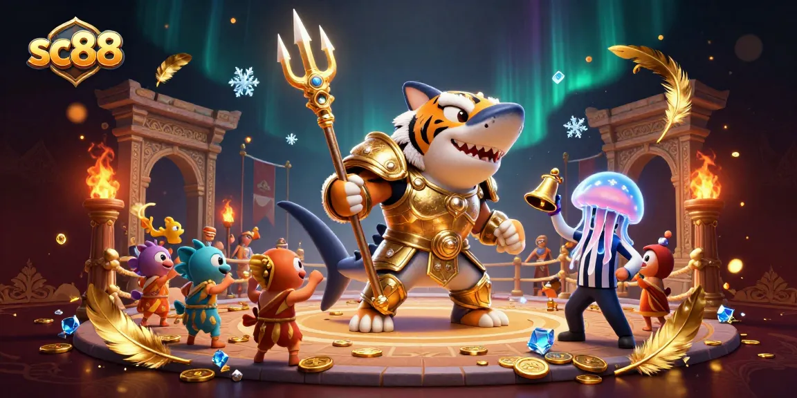 Engage with sc88 in an exciting underwater casino scene featuring a gladiator shark.