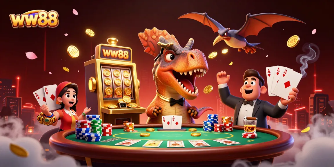 ww88's vibrant gaming scene features a pachycephalosaurus and friends collecting jackpot coins at a casino.